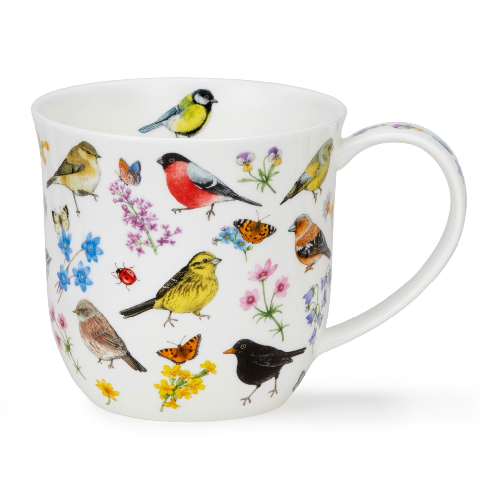 Dunoon Cumbrae Bird Garden Bullfinch Porzellanbecher mit Gimpel, Gartenvögeln, Wildblumen, Sommervögeln und Marienkäfern