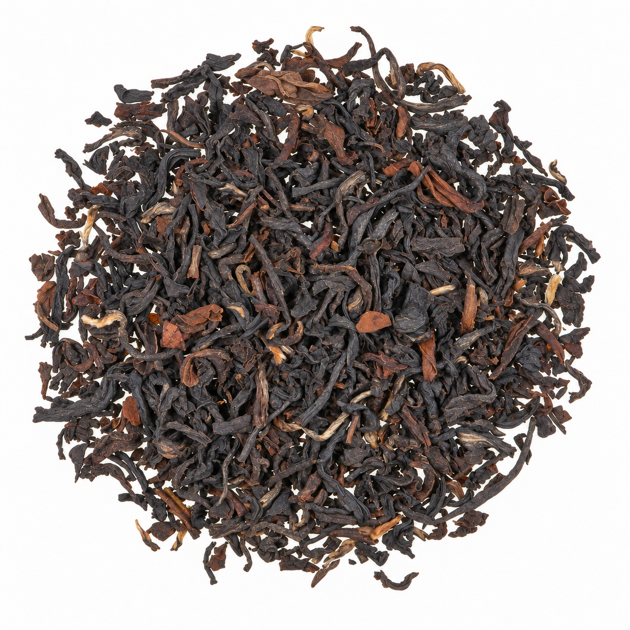 Lose, dunkelbraune Teeblätter des Bio Schwarztee Blends Early Morning Tea mit kupferbraunen Blattstücken
