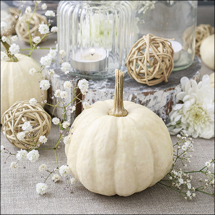 Servietten mit weissem Kürbis, Schleierkraut, Naturkugeln und Kerzen in heller herbstlicher Tischdekoration