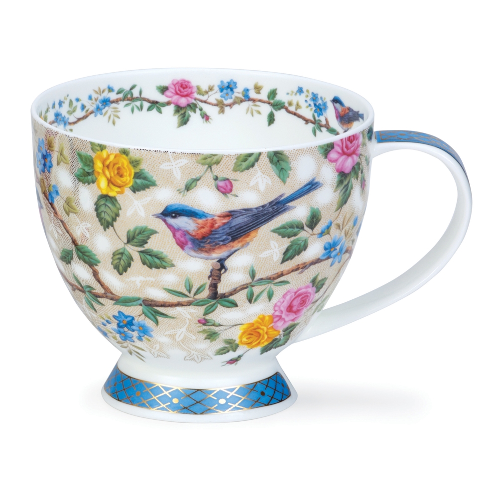 Dunoon Skye Satori Blue Becher 4.5 dl aus Fine Bone China Porzellan mit Vögeln, Blüten, Dunkelblau und 22 Carat Goldveredelung