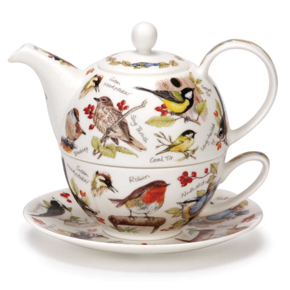 Dunoon Tea for One Set Birdlife aus Fine Bone China Porzellan, Teekanne 5 dl mit Teeschale 2.5 dl im Vogelmotiv mit Gartenvögeln