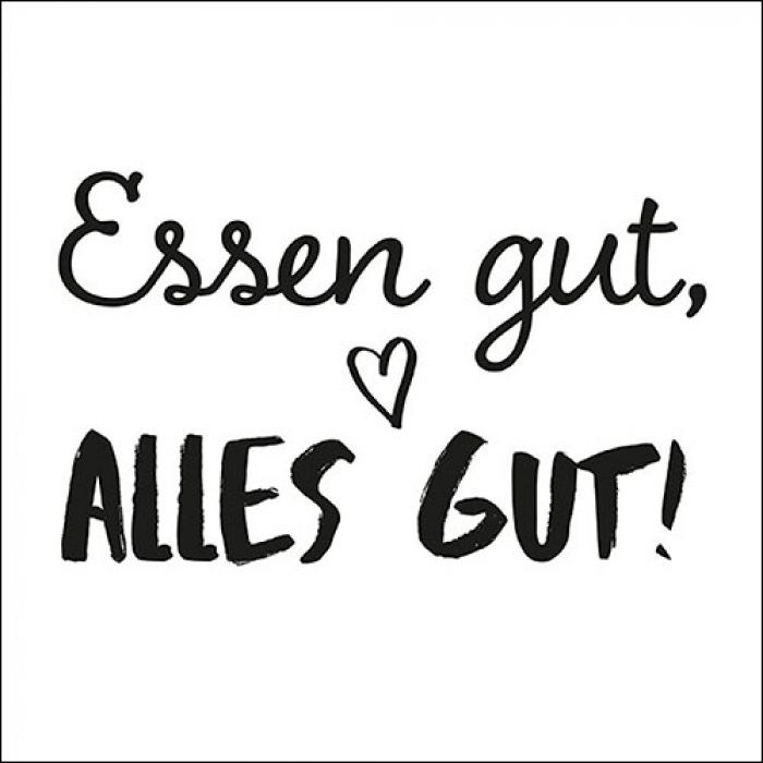 Servietten mit dem Spruch «Essen gut, alles gut!» und kleinem Herz in schwarzer Typografie auf weissem Hintergrund