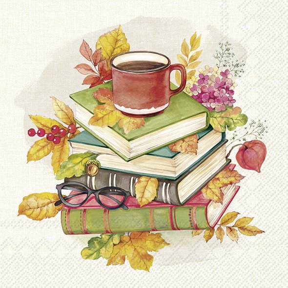 Serviette Lesezeit mit Büchern, Teetasse und herbstlichem Laub