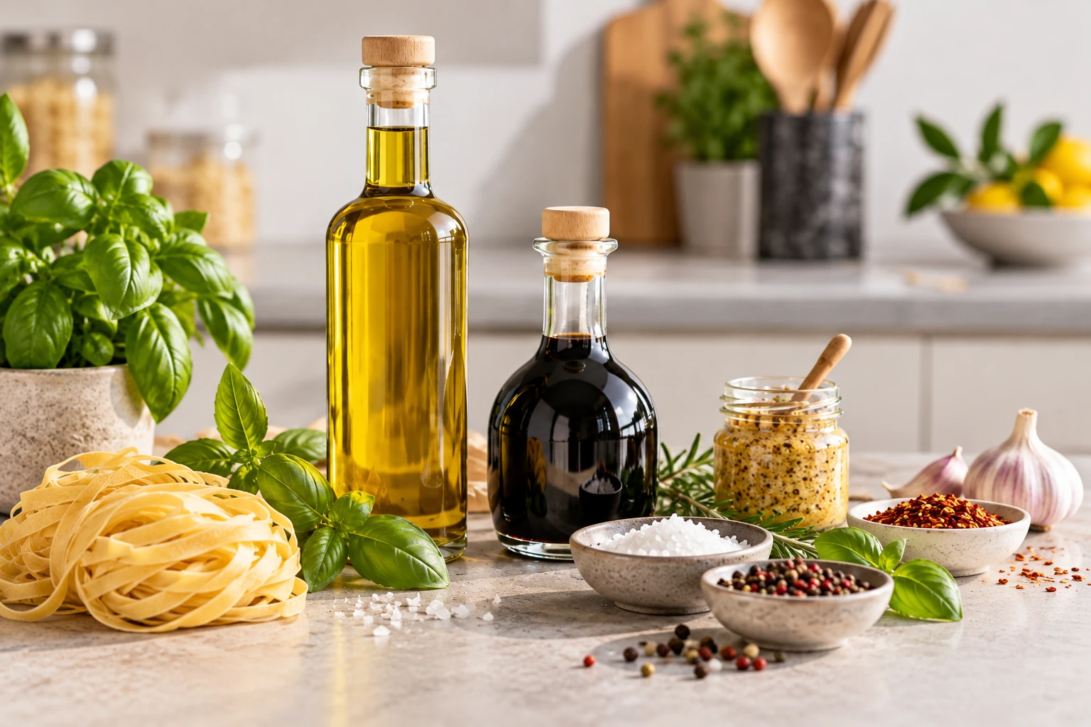 Öl und dunkler Balsamico in Glasflaschen, daneben Pasta, körniger Senf, Salz, Pfeffer, Chili und frische Kräuter auf einer Küchenarbeitsplatte