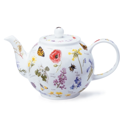 Weisse Dunoon Teekanne Wayside mit detailreich gezeichneten Wildblumen, rotem Klatschmohn und farbenfrohen Schmetterlingen