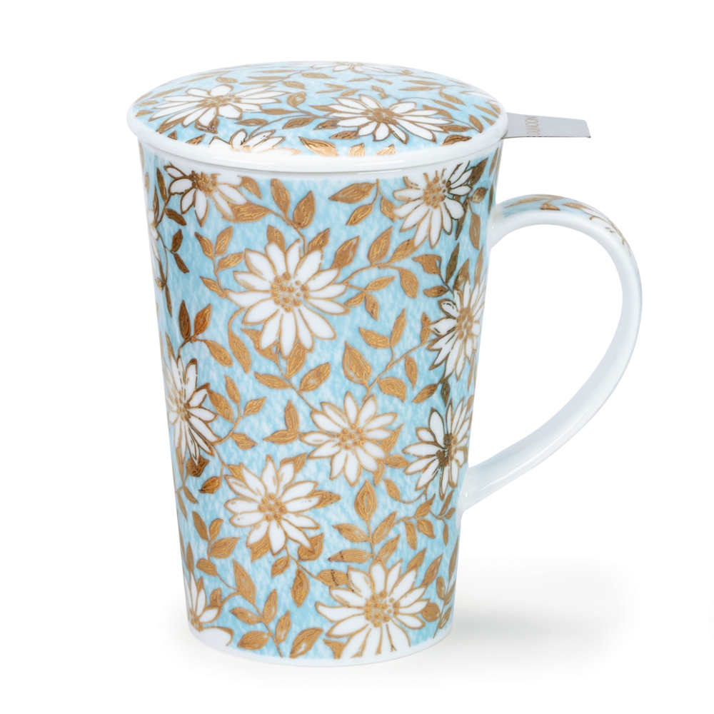 Dunoon Shetland Set Aqua Fine Bone China Porzellan Teebecher 4.4 dl mit Porzellandeckel, Edelstahl-Teefilter, Aquarellmotiv von Jane Fern und 22 Karat Goldveredelung