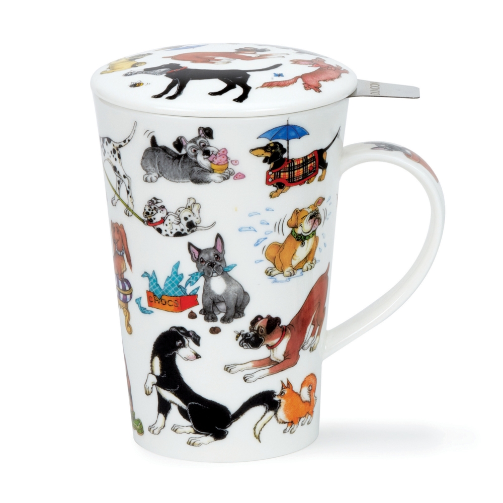 Dunoon Shetland Set Barking Mad Fine Bone China Porzellan Teebecher 4.4 dl mit Porzellandeckel, Edelstahl-Teefilter und humorvollem Hundemotiv von Cherry Denman