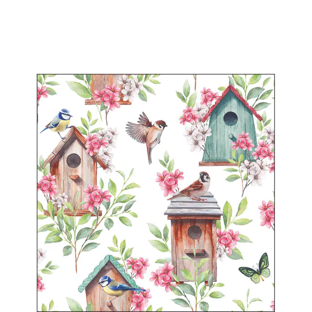 Ambiente Cocktailserviette Tiny Houses 25x25 cm mit Vogelhäusern, Vögeln und rosa Blüten