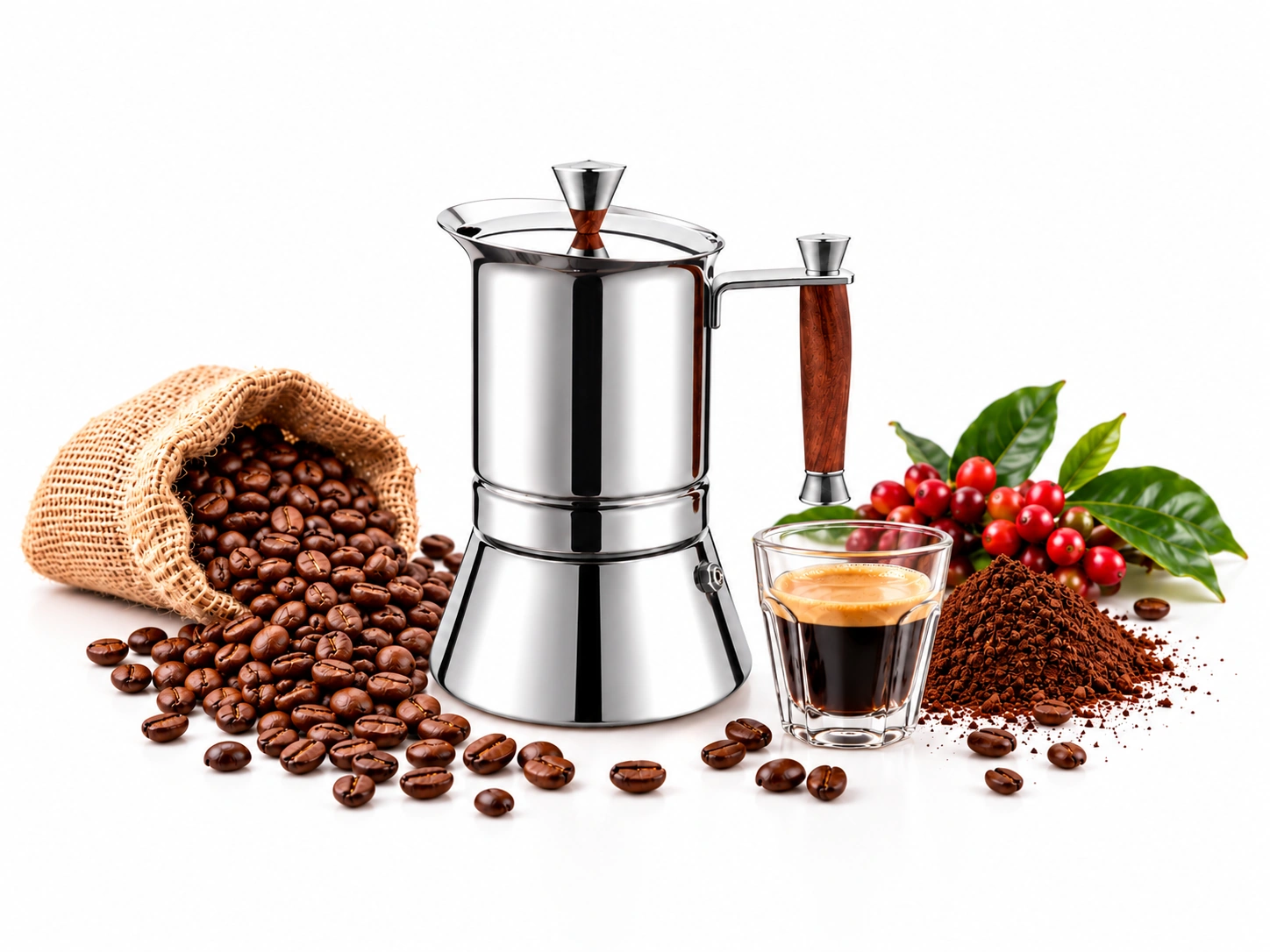 Silberfarbene Moccakanne mit Kaffeebohnen, gemahlenem Kaffee, roten Kaffeekirschen und einem Glas Espresso