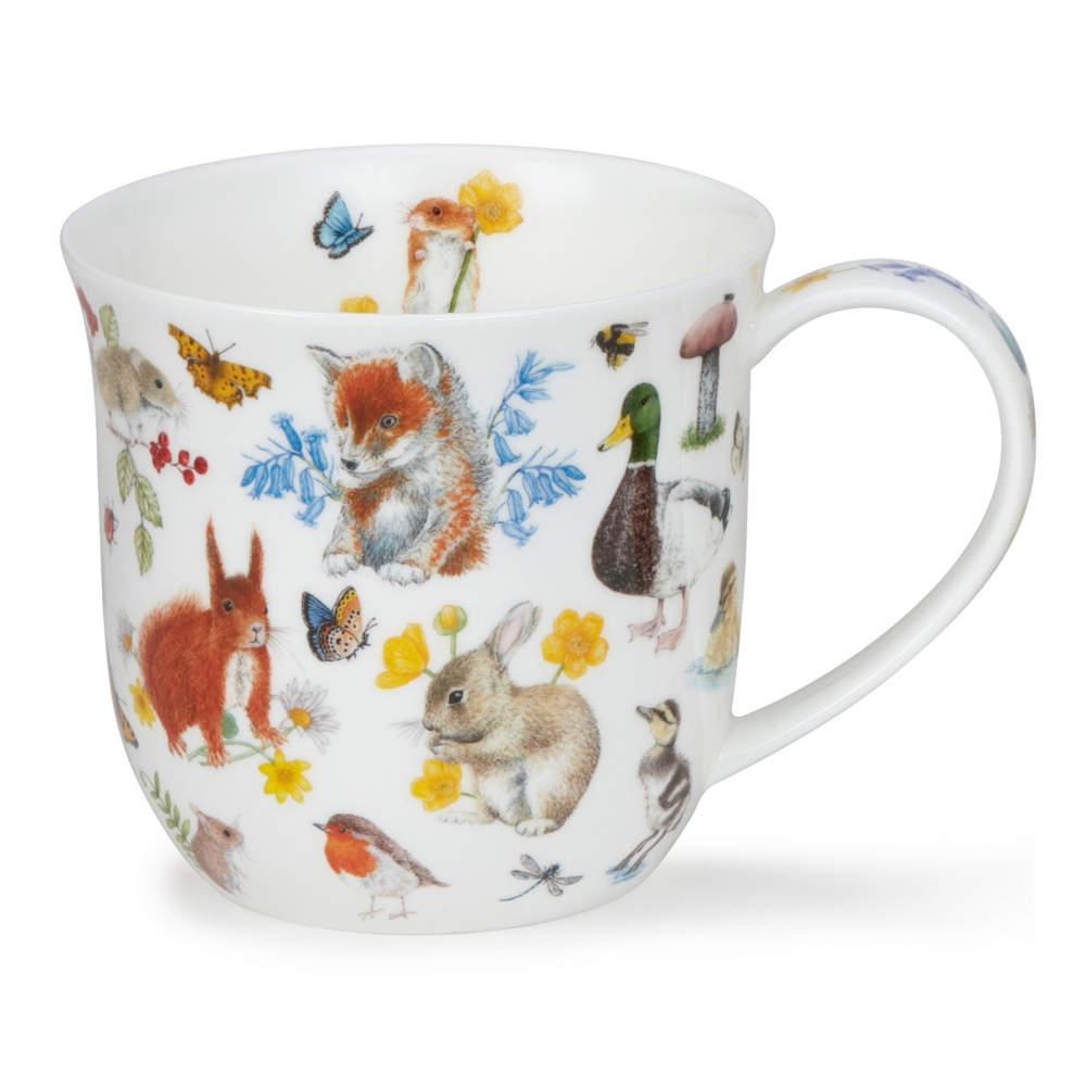 Dunoon Cumbrae Wildwood Fox Porzellanbecher mit Fuchswelpen, Eichhörnchen, Igeln, Gartenvögeln und Frühlingsblüten