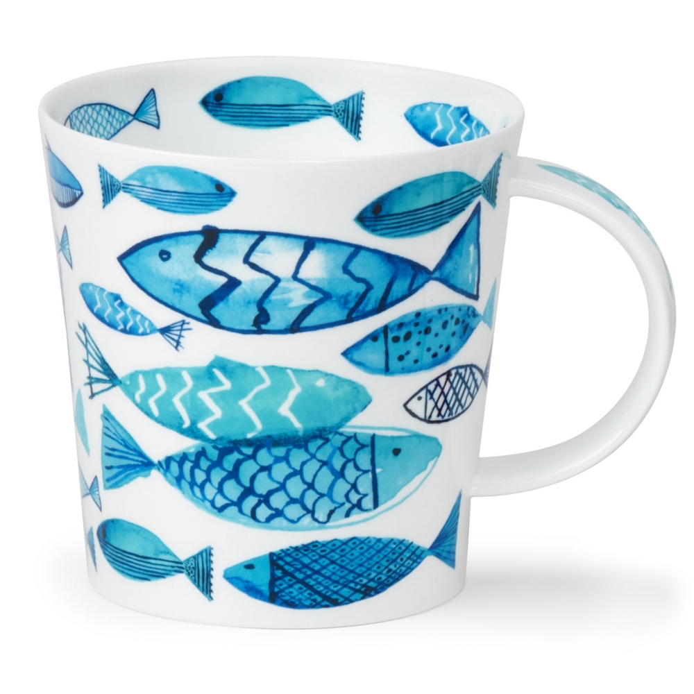 Dunoon Benmore Go Fish Fine Bone China Porzellan Becher 7.5 dl mit maritimem Fischmotiv in Türkis und Aquamarin von Rebecca Hogg