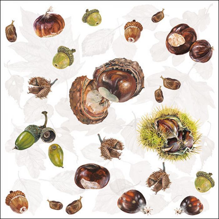 Servietten mit Marroni, Kastanien, stacheligen Fruchthüllen, Eicheln und herbstlichen Naturmotiven