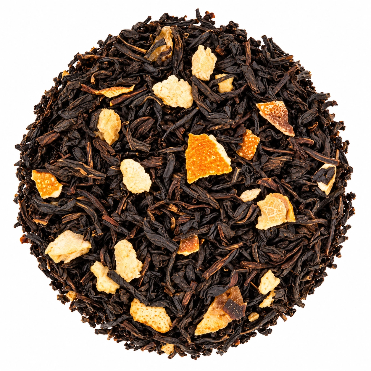 Schwarztee Earl Grey Orange mit dunklen Teeblättern und Orangenschalen