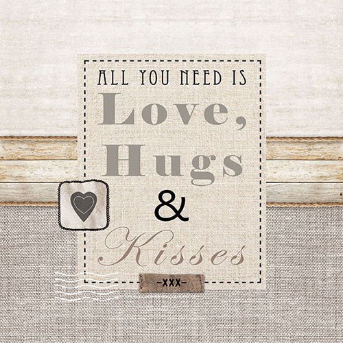Servietten mit dem Spruch «All you need is Love, Hugs & Kisses» mit Herzmotiv in Beige, Grau und Naturtönen