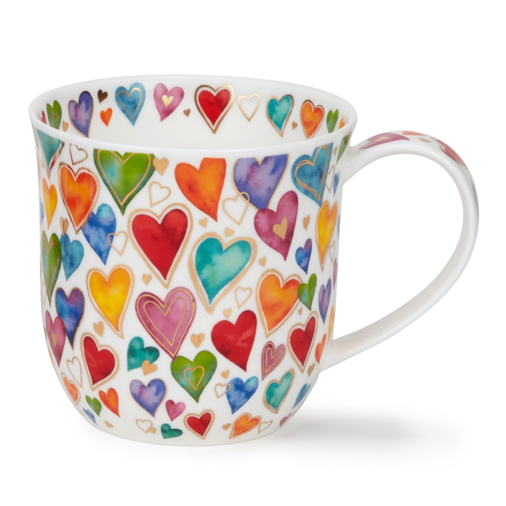 Dunoon Cumbrae Dazzle Hearts Porzellanbecher mit farbenfrohen Herzen, Goldherzen und 22 Carat Goldveredelung