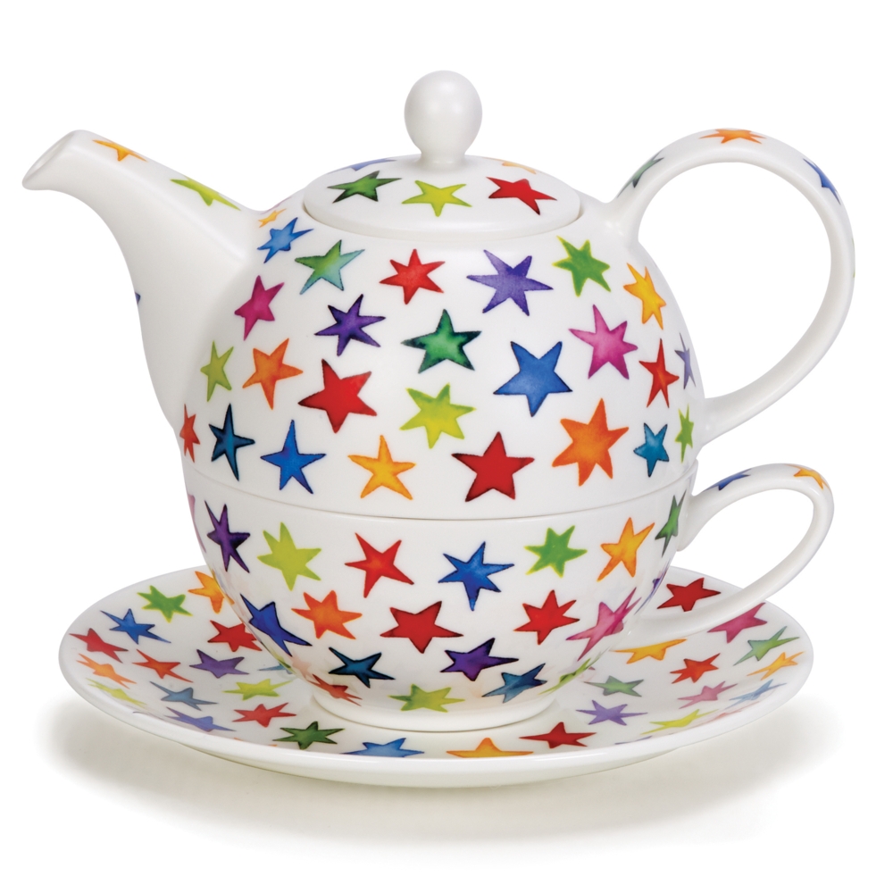 Dunoon Tea for One Set Starburst aus Fine Bone China Porzellan, Teekanne 5 dl mit Teeschale 2.5 dl im farbenfrohen Sternendesign