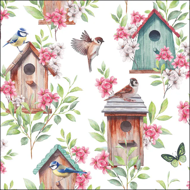 Ambiente Lunchserviette Tiny Houses 33x33 cm mit Vogelhäusern, Vögeln und rosa Blüten