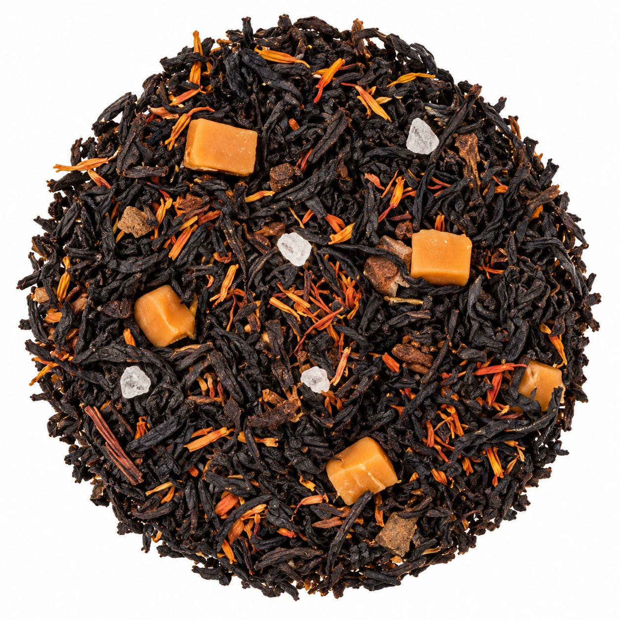 Schwarztee Salted Caramel mit dunklen Teeblättern, Caramellstücken und Salzkristallen