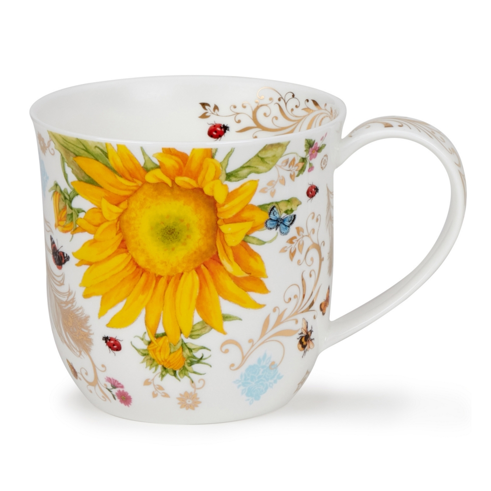 Dunoon Cumbrae Vintage Gold Porzellanbecher mit gelben Sonnenblumen, Sommervögeln und 22 Carat Goldveredelung