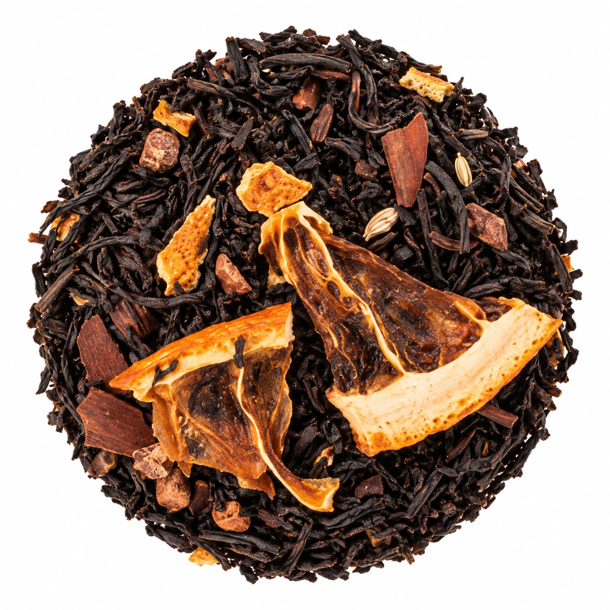 Schwarztee Orange Croc Choc mit dunklen Teeblättern, Orangenscheiben und Schokoladenstücken