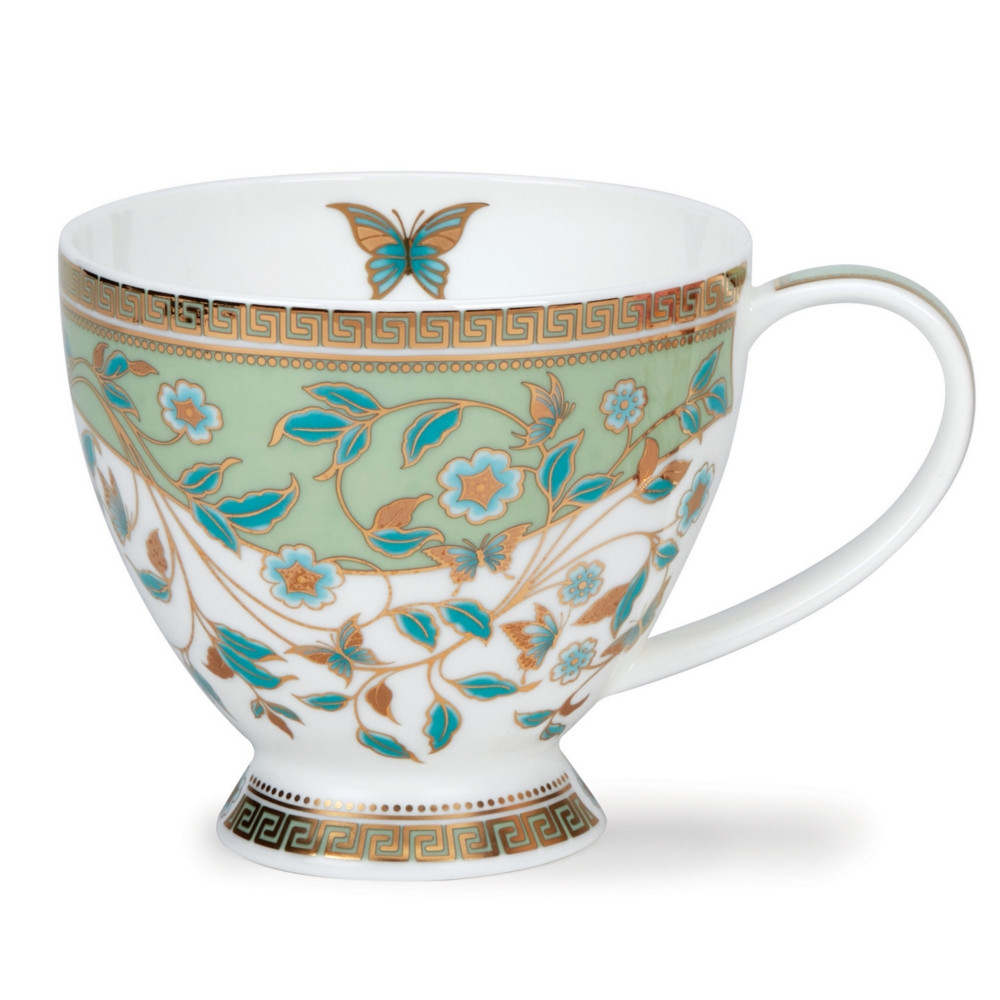 Dunoon Skye Estivale Green Becher 4.5 dl aus Fine Bone China Porzellan mit Blüten, Sommervogel und 22 Carat Goldveredelung