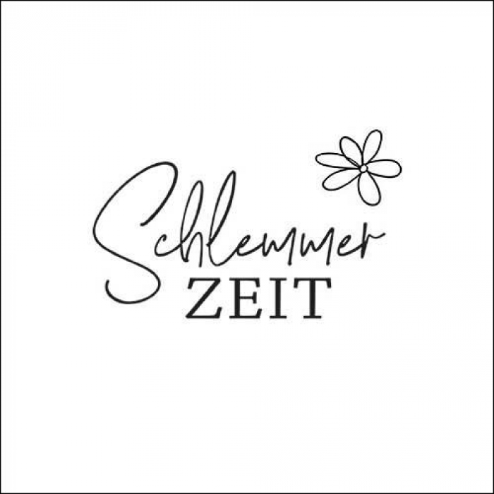 Servietten mit dem Schriftzug «Schlemmerzeit» und kleiner Blüte in schwarzer Typografie auf weissem Hintergrund