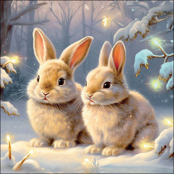 Serviette Cuddly Snow Bunnies mit zwei Hasen im verschneiten Winterwald