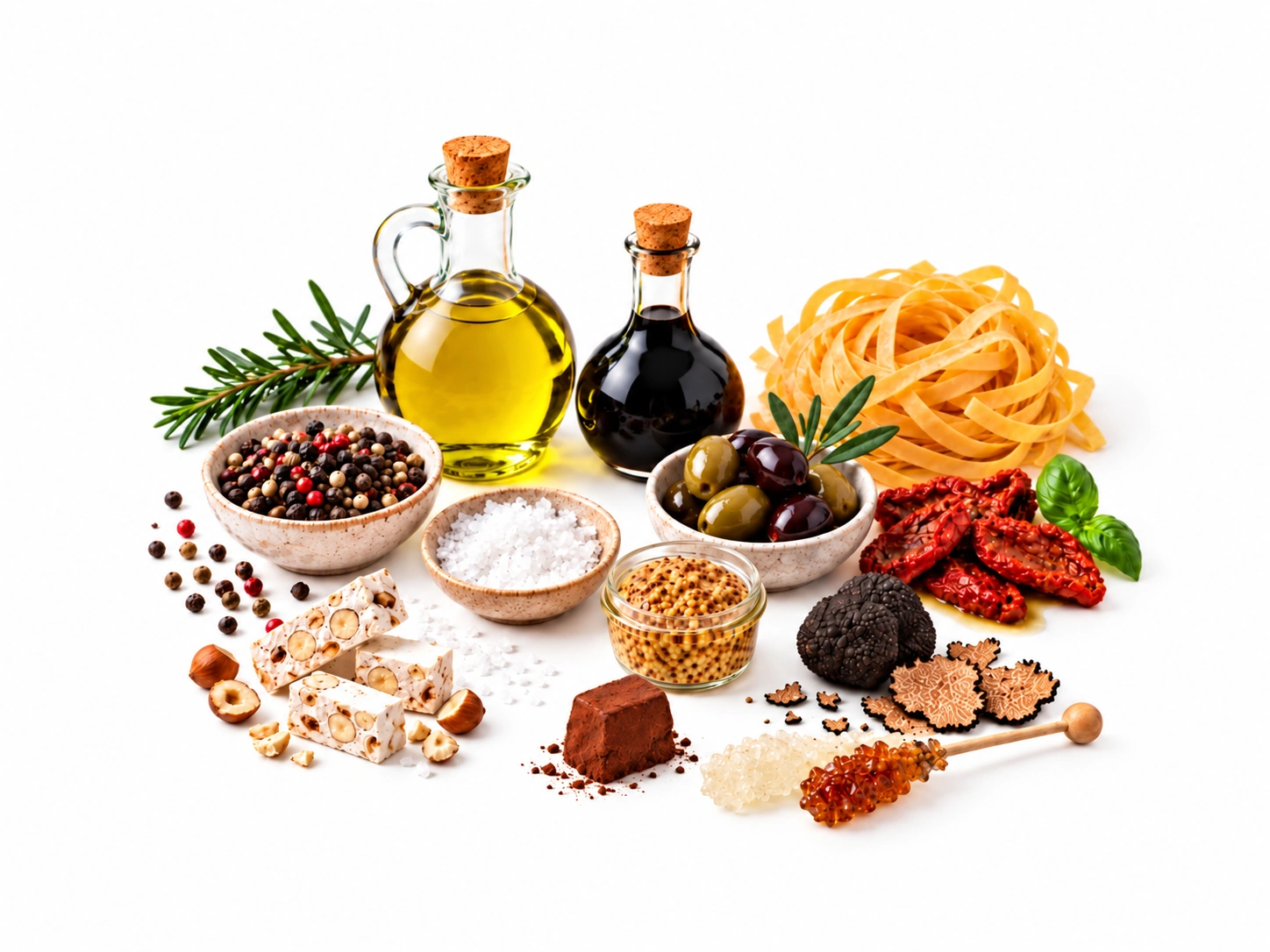 Auswahl an Feinkost mit Olivenöl, Balsamico, Gewürzen, Pasta, Oliven, Trüffeln und Süsswaren