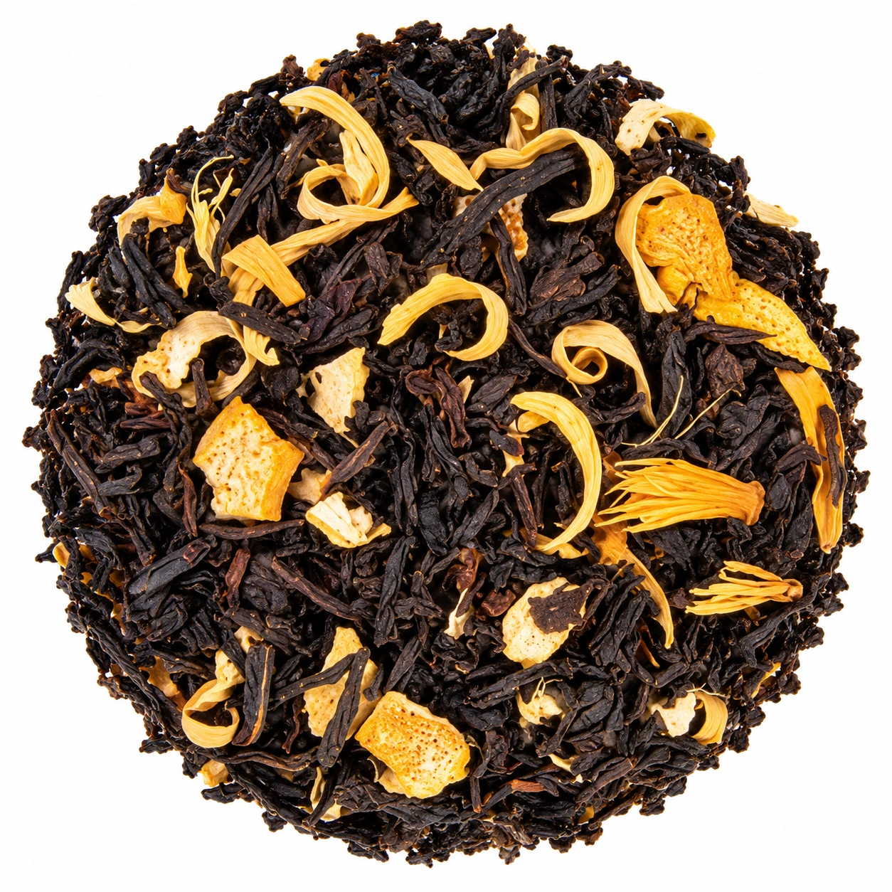 Schwarztee Earl Grey Ginger mit dunklen Teeblättern, Orangenschalen und Ingwerstücken