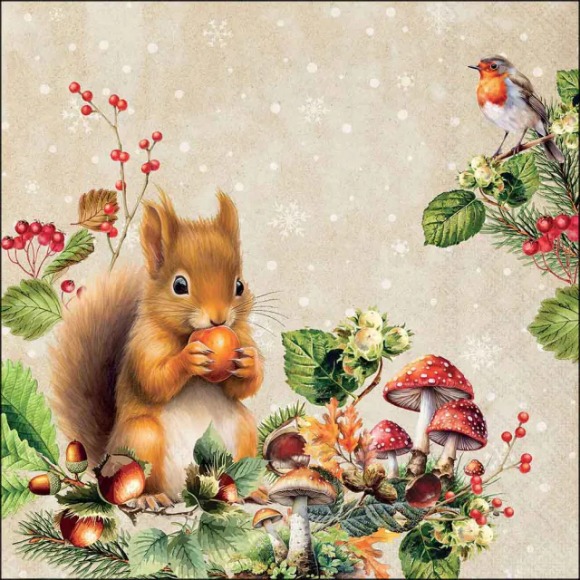 Lunchserviette 33 × 33 cm mit Eichhörnchen, Rotkehlchen, Pilzen, Beeren und herbstlichen Naturmotiven