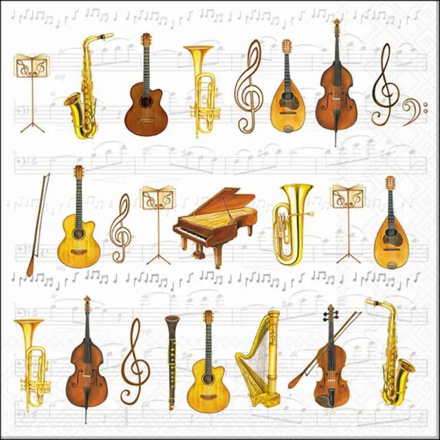 Orchestra Servietten mit Saxofon, Gitarren, Trompete, Violine, Klavier, Harfe und Notenschlüsseln