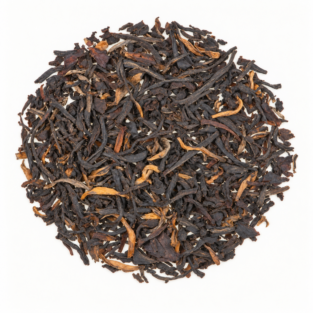 Lose, dunkle Blätter des Assam Mokalbari Second Flush Golden Tippy FTGFOP1 mit goldbraunen Blattspitzen