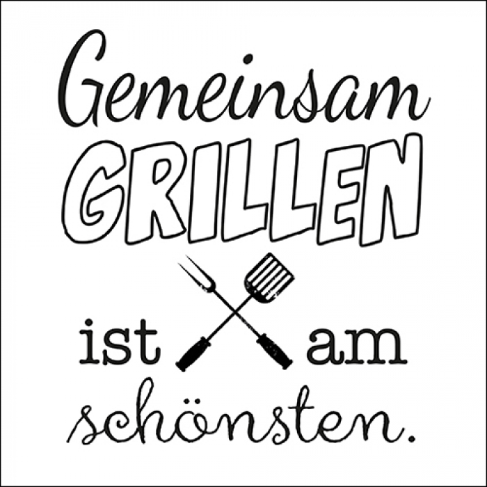 Servietten mit dem Spruch «Gemeinsam grillen ist am schönsten» und gekreuztem Grillbesteck in Schwarz-Weiss