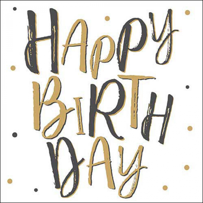 Happy Birthday Servietten mit schwarzem und goldfarbenem Schriftzug sowie dekorativen Punkten auf weissem Hintergrund