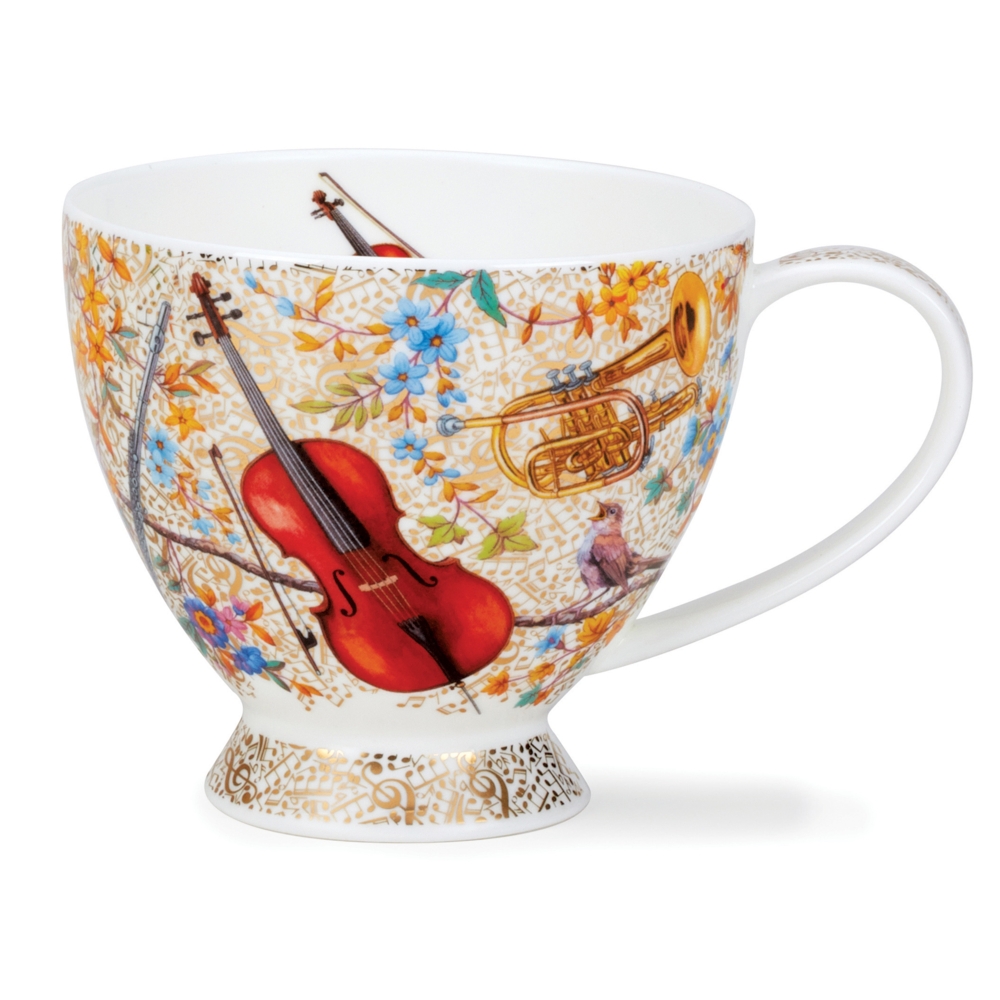 Dunoon Skye Adagio Becher 4.5 dl aus Fine Bone China Porzellan mit Orchesterinstrumenten, Blüten, Vögeln und 22 Carat Goldveredelung