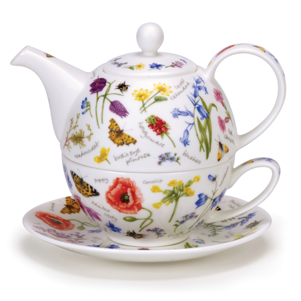 Dunoon Tea for One Set Wayside aus Fine Bone China Porzellan, Teekanne 5 dl mit Teeschale 2.5 dl im floralen Design mit wilden Blumen und Insekten
